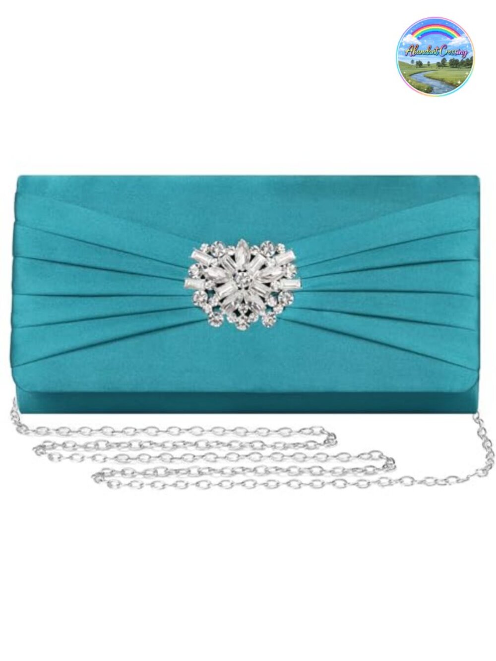 Pleated Satin Rhinestone Brooch Prom Clutch Purse Detachable Chain Strap